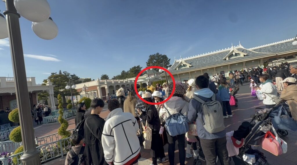 東京ディズニーランド9時台のエントランスでのフリーグリーティング。登場キャラクターが多く混雑している様子。